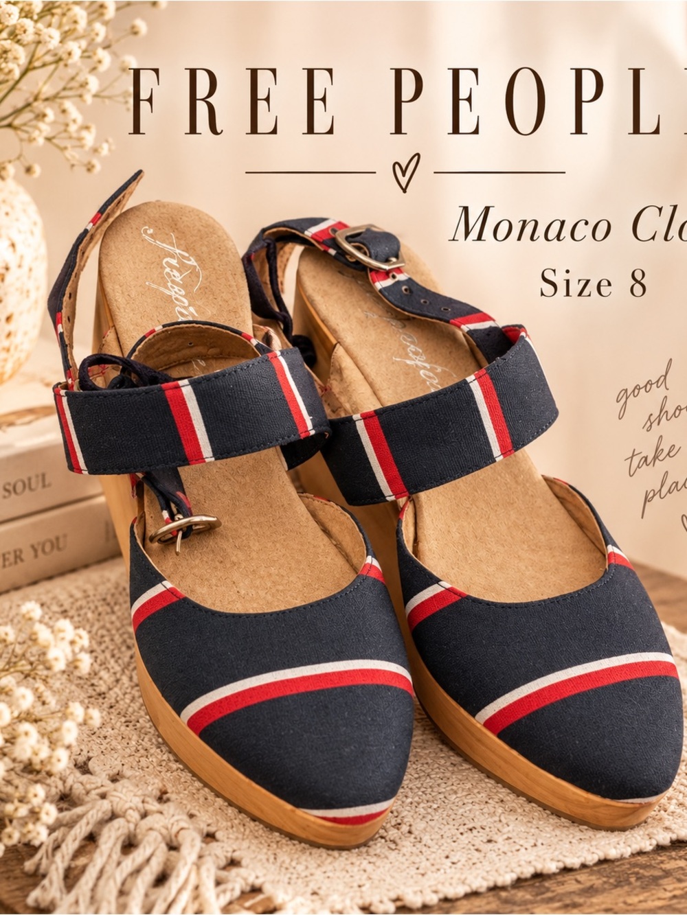 New Free People Monaco Clog Size 8 Navy Red White Stripe Wooden Platform Heels